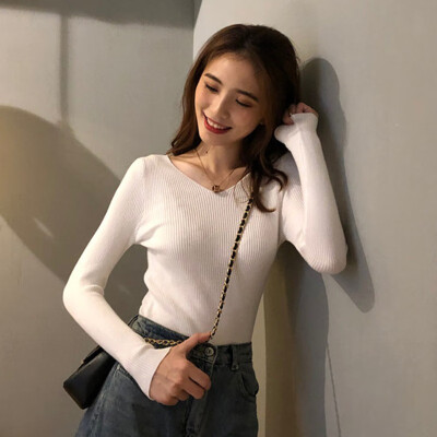 

Slim Fit slimming Sweaters Women Fashion Casual V-Neck Sweaters Solid Winter wild Long Sleeve Sweat Shirts HOT SALE