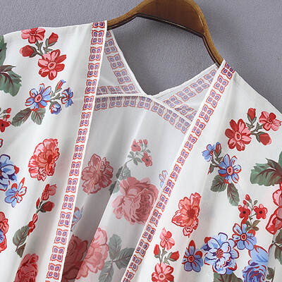 

Women Chiffon Kimono Cardigan Floral Print Split Asymmetric Loose Outerwear Beach Bikini Cover Up White