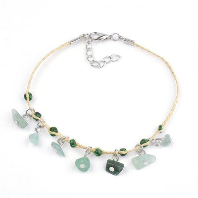 

Handmade Braided Raffia Anklets Lucky Raffia with Chip Green Aventurine & Silver Lined Seed Beads Iron Lobster Clasp&Extend