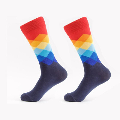 

Mens Middle Stockings Colored Rhombus Lattice Socks Pure Cotton Socks Breathable Multicolour Hose