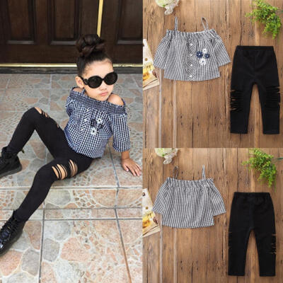 

Kids Baby Girl Sling T-shirt Tops Long Holes Pants Jeans Outfits Clothes