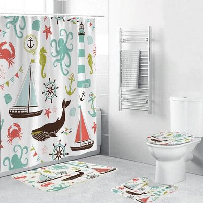 

4 Piece Bathroom Decoration Waterproof Shower Curtain Base Carpet Cover Toilet Seat Cushion Non-slip Bath Mat Set