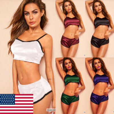 

Women 2Pcs Silk Satin Sleepwear Set Lingerie Crop Tops Shorts Nightie Pajamas