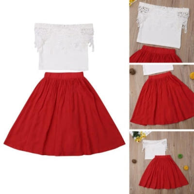 

Toddler Kids Off Shoulder Lace Top Red Tutu Skirt Princess Party Wedding Outfit Children Clothing 2Pcs