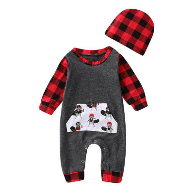 

2pcsset Cute Baby Boy Girl Cartoon Dog Plaid Print Romper Cap Kids Clothes