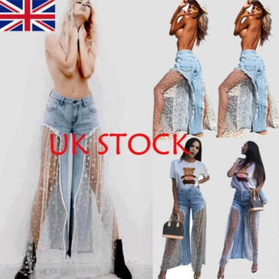 

Plus Size Women High Waist Button Flared Demin Jeans Wide Leg Pants Trouser UK