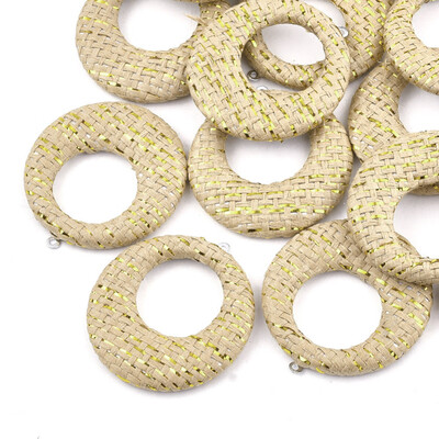 

Handmade Raffia Woven Pendants with Iron & Aluminum Findings&Metallic Cord Flat Round Platinum BurlyWood 435x405x5mm H