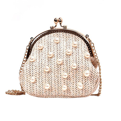 

Tailored Women Retro Pearl Hand-Woven Straw Bag Summer Travel Handle Bag Shoulder Bags