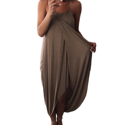 

Womens Solid Spaghetti Strap Sleeveless Loose High Waist Irregular Midi Dress