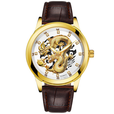 

Gobestart Waterproof Mens Gold Dragon Sculpture Quartz Watch Luxury Men Leather Wristwatch