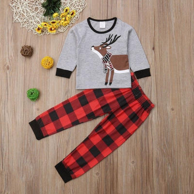 

Newborn Baby Boy Girl Christmas Deer Shirt Long Pant Cotton Plaid Outfits Set