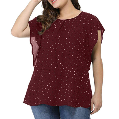 

Plus Size Summer Blouse Womens Shirt O-Neck Bat Sleeves Ruffled Dot Print Short-Sleeved Loose Bottoming Shirt Blouse