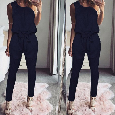 

Starmoon Womens Frenulum Solid Elastic Rope Sleeveless Round Neck Repa-Leg Jumpsuit