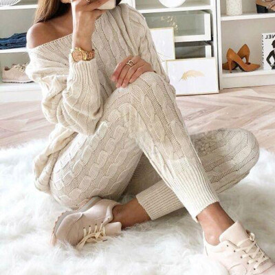 

Women Solid Color Sweater Casual Knitted Sweaters Pants Woman Jumper Tops Clothing Set Set Casual Knitted Warm Outfits