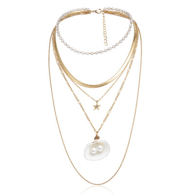 

Punk Multi Layered Simulated Pearl Choker Necklace shell beads star Collar Statement Carved Pendant Necklace Women Girls Jewelry