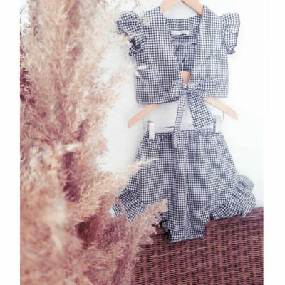 

US Sunsuit Newborn Kid Baby Girl Kid Plaids Top Ruffle Pants Outfit Clothes 1-5Y