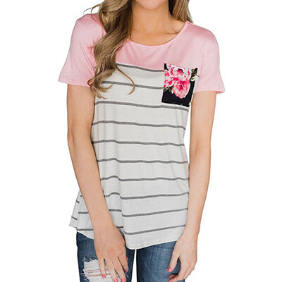 

Nomeni Women Floral Stripe Printing Pocket T-Shirt Short Sleeve Tops Blouse BKL