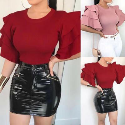 

US Sexy Women Multi Layer Ruffle Sleeve T-Shirt Casual Slim Blouse Top Shirt