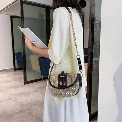 

Tailored Women Hand-Woven Straw Rivet Bag Chain Shoulder Bag Patchwork Crossbody Bags