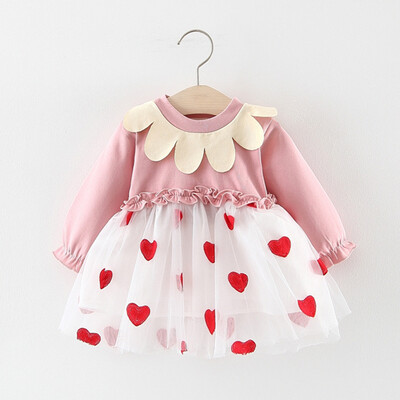 

Toddler Baby Kids Girls Ruffles Tulle Patchwork Love Heart Print Dresses Clothes