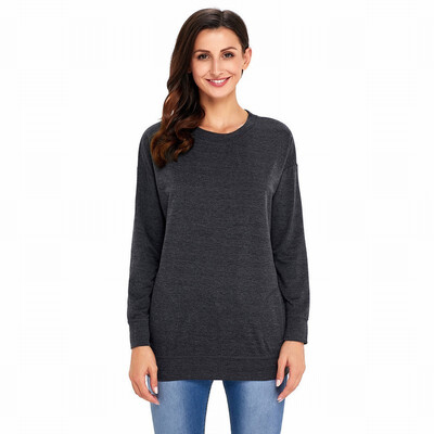 

Solid color round neck long sleeve with pocket bottoming shirt casual simple shirt womens