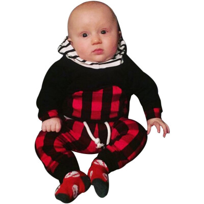 

2pcs Toddler Infant Baby Boy Clothes Set Striped Plaid Hoodie TopsPants Outfits