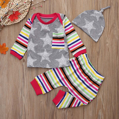 

Newborn Infant Baby Boy Girl Star T shirt TopsStriped PantsHat Clothes Set