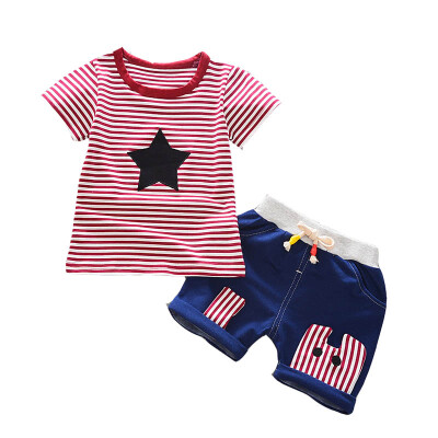 

Summer Baby Boy Short Sleeve Stripe Star Print T Shirt Elastic Waist Shorts 2Pcs Suit Set