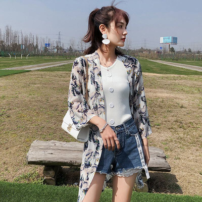 

Womens Blouse Mid-Length Chiffon Print Sun Protection Clothing Seven-Point Sleeve Holiday College Lotus Leaf Cardigan