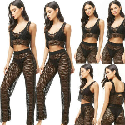 

2pcs Womens Sheer Mesh Fishnet Crochet Swimwear Bikini Cover Up Top Pants Beach