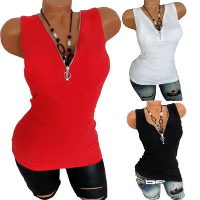 

USA New Womens V-neck Vest Blouse Sleeve T-shirt Tank Crop Zipper Tops Size 4-18