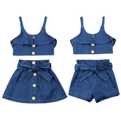 

USA Summer Toddler Kids Girl Denim Blue Strap Tops ShortsSkirt Outfits Clothes