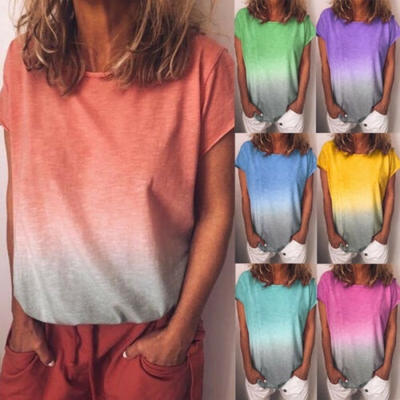 

Womens Summer Short Sleeve Gradient Plus Size Casual Beach T Shirt Tops Blouse