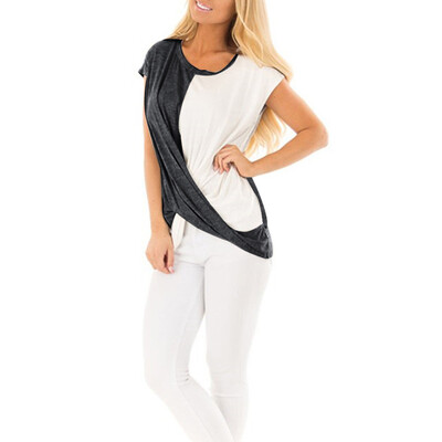 

Starmoon Women Round Collar Short Sleeve Two Color Splicing T-shirt Easy Jacket