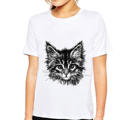 

Starmoon Women Cute Cartoon Cat Sprouting Print Round Neck Short Sleeved White T-shirt
