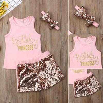 

USA Summer Toddler Baby Girl Princess Top Sequin Shorts 3Pcs Outfits Set Clothes