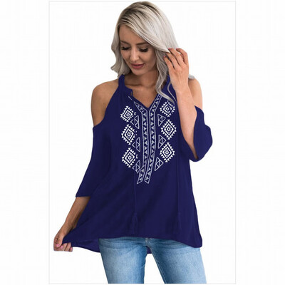 

V-neck seven-point sleeve retro embroidery cold shoulder casual straight top