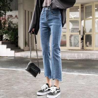 

Mini-La Jeans Women 2019 Autumn New Irregular Hairy Edge Super Fire CC Pants Childrens Straight-tubed Trumpet Pants