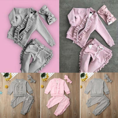 

3PCS Toddler Kids Baby Girls Ruffle Coat Long Pants Headband Winter Warm Clothes