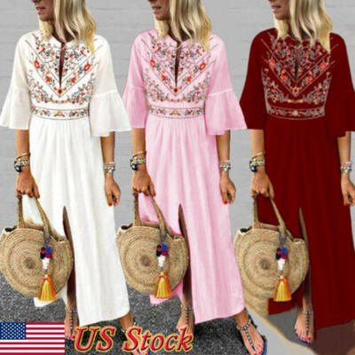 

US Women Cotton Linen Maxi Dress Short Sleeve Casual Boho Kaftan Tunic Plus Size