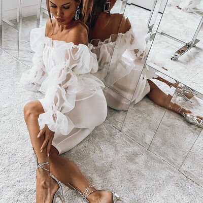 

Women Summer Off Shoulder Bardot Crop Tops Ladies Ruffle Frill T Shirt Blouse