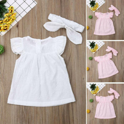 

2PCS Summer ToddlerKids Baby Girls Fly Sleeve Solid Bow Dress Clothes Dresses