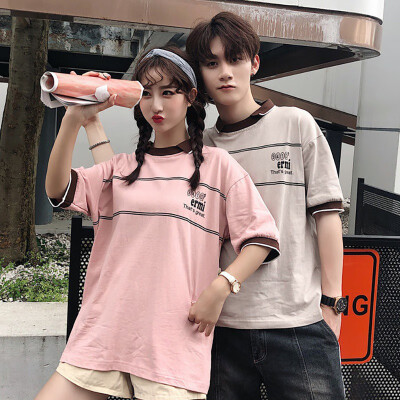 

Summer Couple Cotton Turn-down Collar Striped & Letter Print Short Sleeve Loose Shirt