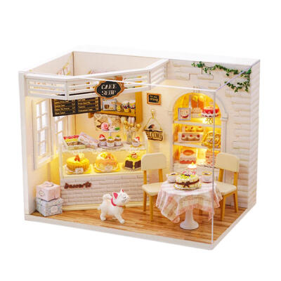 

Cake House Model Miniature Wooden Doll House DIY Kids Toys with Dust Cover