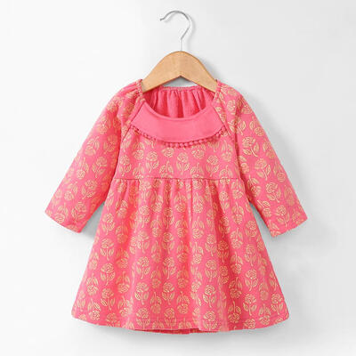 

Long Sleeve Sweet Cotton A-line Dress Girls Cute Floral Print Party Clothes