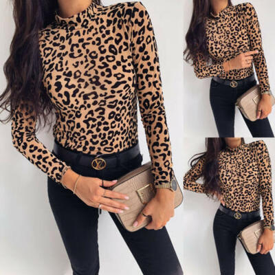 

US Womens Leopard Summer Long Sleeve Turtleneck Tops Casual Shirt Blouse T-shirt