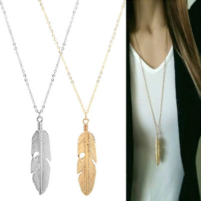

Fashion Women Jewelry Feather Pendant Chain Necklace Long Sweater Chain Statement Jewelry