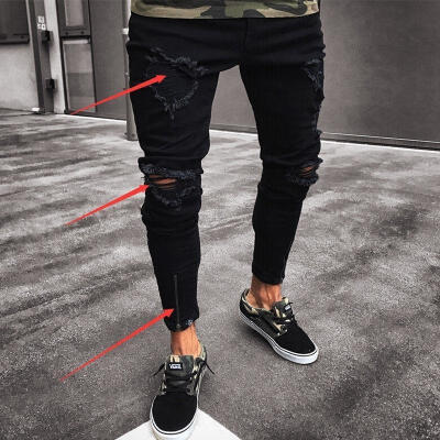 

Men Slim Biker Denim Jeans Skinny Frayed Pants Distressed Rip Troursers Zipper