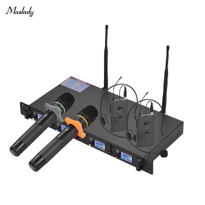 

Muslady D4-4 Professional 4-Channel UHF Wireless Microphone System Includes 2 Headset Mics with Bodypack Transmitters 2 Handheld