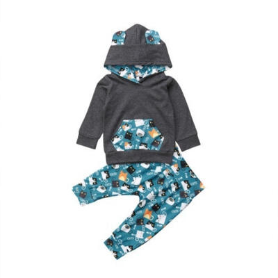 

2Pcs Toddler Kids Infant Baby Boy Girl Kitty Hooded Top T-shirtLong Pants Clothes Outfit Set